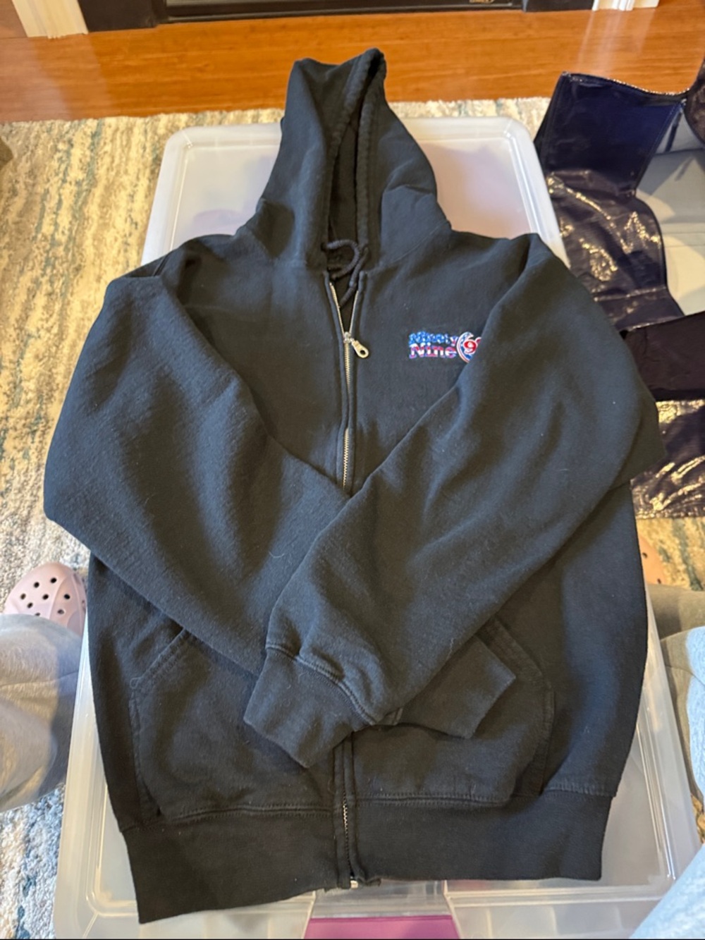 Ninety Black Zip Hoodie with Red, White & Blue Embroidered Logo